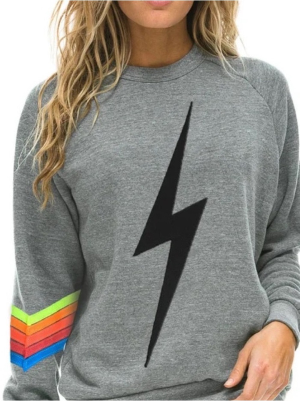 Gray Lightning Bolt Sweatshirt with Rainbow Sleeve Stripe - Unbranded